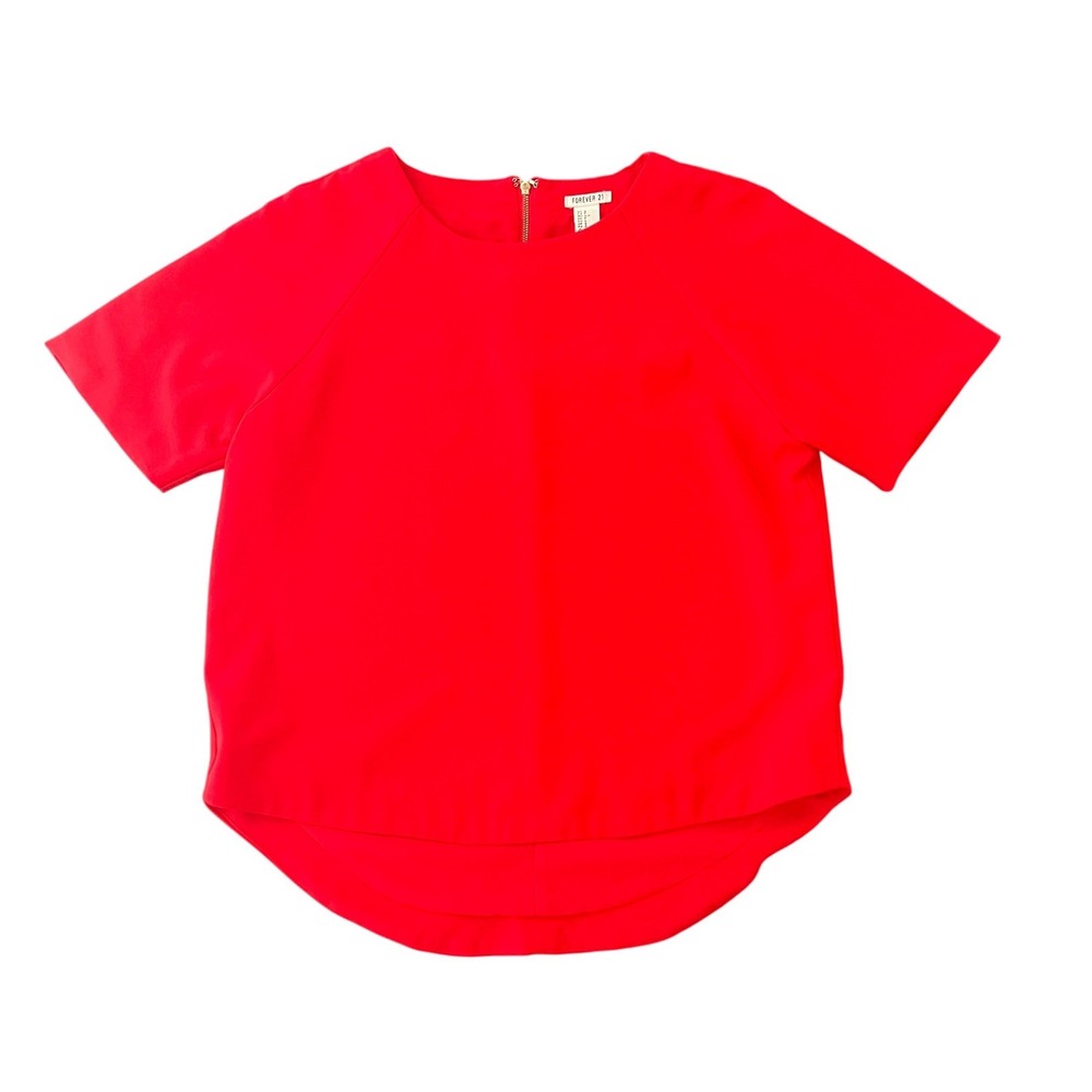 Forever 21 Womens Red Short Sleeve High Low Blouse Gold Back Zip Size S (0991)